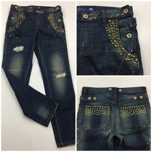 GUESS Med/Dark Wash Spiky & Round Studs Distressed Logo Hardware Button Jeans